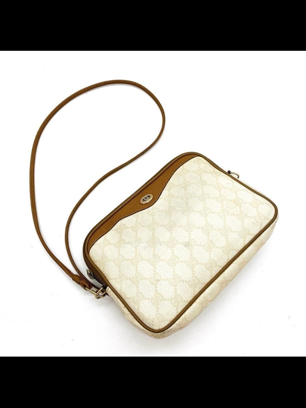 Gucci Cream Monogram Canvas Shoulder Bag with Brown Trim